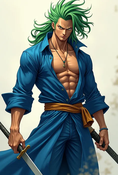 Character with Zoro&#39;s face, body mixed between Tokito and Zoro, hair mixed between Tokito and Zoro and with blue clothes