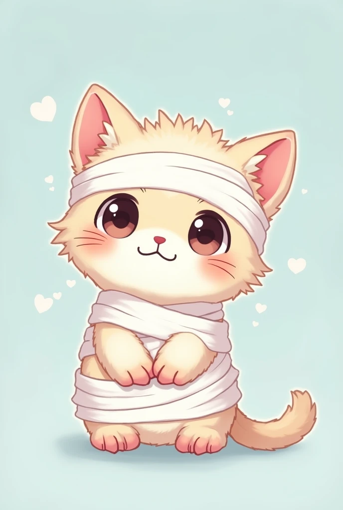 Draw a cute, chibi-style kitten similar to the style of Sanrio characters. The kitten should be wrapped in bandages resembling Osamu Dazai from Bungou Stray Dogs. The kitten has large, round eyes, soft, fluffy fur, and a small, sweet smile. The bandages sh...