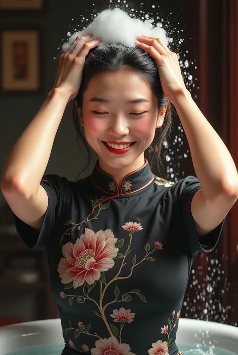 Create an Asian beauty，High-necked black printed short-sleeved traditional qipao，Scratching the scalp with both hands，Two hands washing hair on top of head，There is a lot of foam on the head，Foam wrap head，Realistic foam，The expression is happy，The charact...