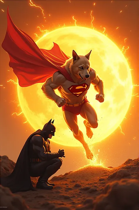 The dog is Superman running on the sun and meets the man who is Batman who is eating rice.