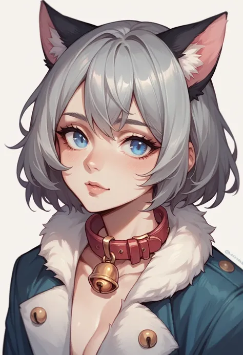 1woman, close-up, cat collar with bell, cat ears, beautiful, coat, gray hair, pale blue eyes