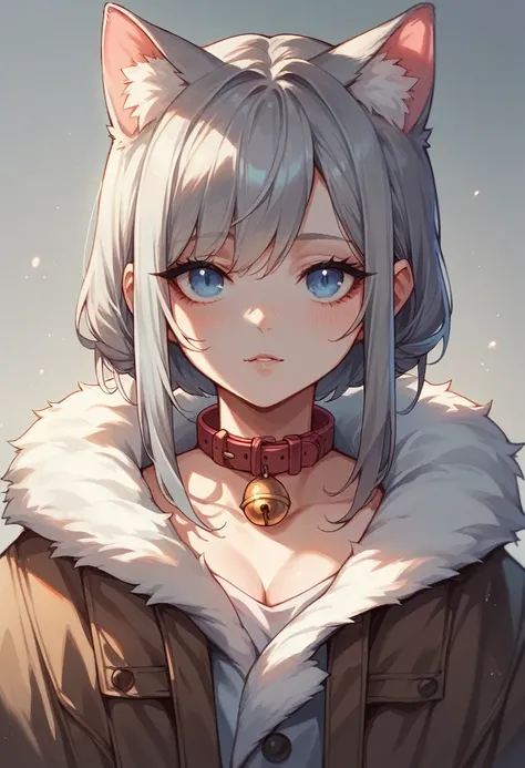 1woman, close-up, cat collar with bell, cat ears, beautiful, coat, gray hair, pale blue eyes