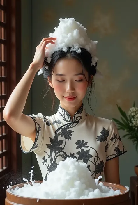 Create an Asian beauty，Black printed short-sleeved traditional cheongsam，Now on the ground，Scratching the scalp with both hands，Two hands washing hair on top of head，There is a lot of foam on the head，Foam wrap head，Realistic foam，The expression is happy，T...