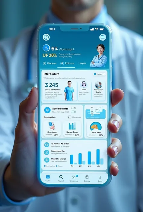 Design a medical APP page，Features：Interrogation_Admission rate_Should be treated_Has been treated；Rounds_Completion Rate_Should be checked_Investigation, etc.，Suitable for Chinese people’s usage habits，advanced，Technology，ISO system，uhd, retina, masterpie...