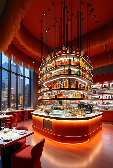 Restaurant design, island bar with food displays and liquor displays in the middle of it, bright theme