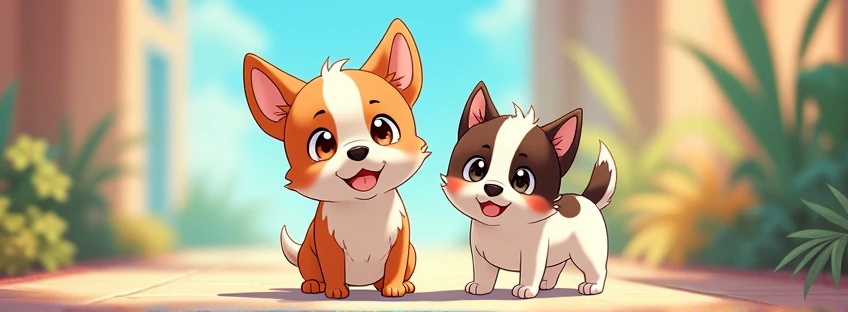 They are two dogs, one of them is 1 and a half years old., fur: The puppy has a short, two-colored coat.: mainly brown with white , especially on the head and legs. eyes: Sus ojos son de Size mediano, dark and round. ears: He has big, pointed ears., body: ...