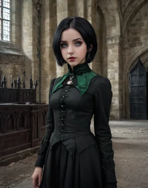 11 years old daughter of Severus Snape, green eyes , gothic style, gothic vampire girl, short black hair, bite marks on the neck, gothic mansion hall, mal iluminado, lu Z de velas, coffins on the floor
