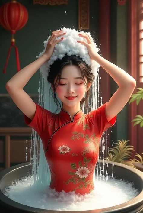 Create an Asian beauty，Red high collar traditional cheongsam with prints，Standing on the ground，Scratching the scalp with both hands，Two hands washing hair on top of head，There is a lot of foam on the head，Foam wrap head，Realistic foam，The expression is ha...