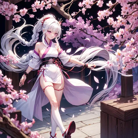 Girl, , fair skin, long white hair braided in one ponytail, purple eyes, white yukata with open legs and sakura petals, slim, beautiful legs, black belt, black gloves, red sakura flowers, purple long cloak, detailing,  perfect, red and black bracelets on l...