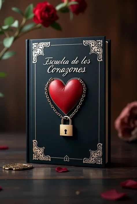 Cover for book with the tittle "escuela de los corazones"in Spanish. An elegant black book, a heart in the middle with chains and a padlock on it, with beautiful white and gold touches, Title at the top.