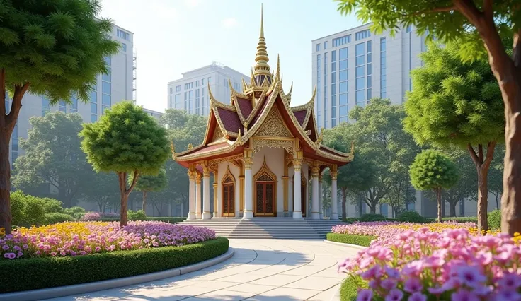 A tiny Thailand style mosque full of Thailand calligraphy amidst pastel-colored flower gardens in downtown Seoul, South Korea