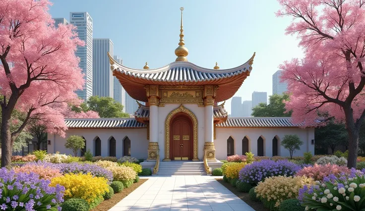 A tiny Thailand style mosque full of Thailand calligraphy amidst pastel-colored flower gardens in downtown Seoul, South Korea