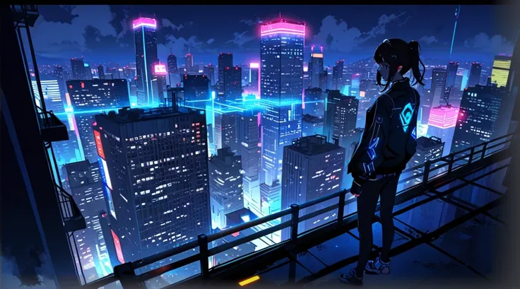 Animated character standing on a ledge overlooking the night city, digital Cyberpunk anime art, Digital Cyberpunk - Anime Art, Cyberpunk anime art, Anime Cyberpunk art, Neon city in the background, 4k anime wallpaper, Cyberpunk atmosphere, Modern cyberpunk...