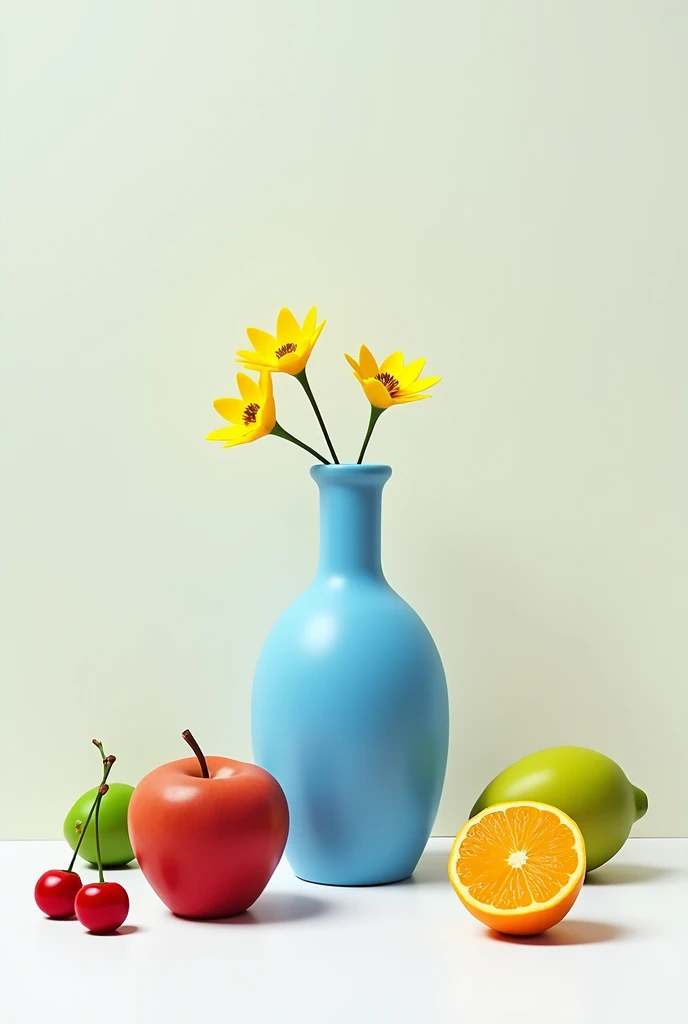 Simple blue vase with shadows with 2 simple yellow flowers,  1 red apple, 2 cherries, 1 green mango and 1 orange in half that looks like the photo