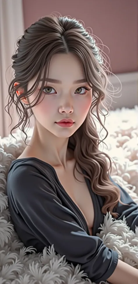 a young woman with long brown hair, detailed facial features, beautiful eyes, no clothes, photorealistic, 8k, high quality, extremely detailed, cinematic lighting, dramatic contrast, warm color tones, detailed skin texture, detailed musculature, detailed a...