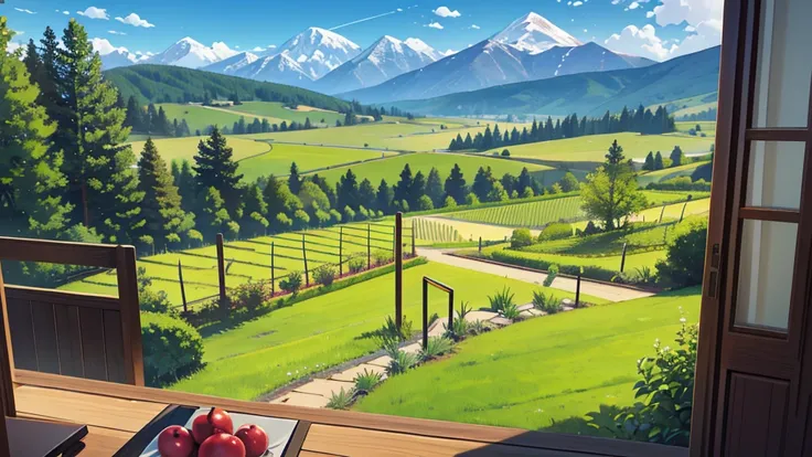 Create a central perspective landscape of a vineyard where the trees can be seen, bushes and mountains