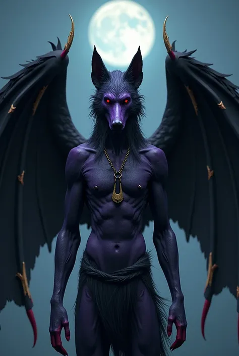 Mysterious wolf-like face，Bipedal，Has bat-like wings，Covered in dark purple skin，On her chest is a crescent-shaped necklace.，Large black wings with gold tips，Has limbs with sharp red claws，Red eyes，It exudes a mysterious, otherworldly presence.，Its overall...