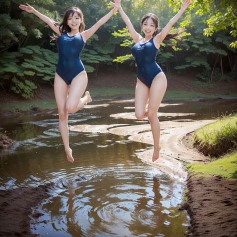 (((barefoot slender Japanese girl on mud pond))), natural front lighting, ultra sharp focus,bright brown hair, large eyes with long eyelashes and double eyelids, smile, (((jumping and waving arms))), ((huge breasts)), (full body shot:2), (beautiful face:2)...