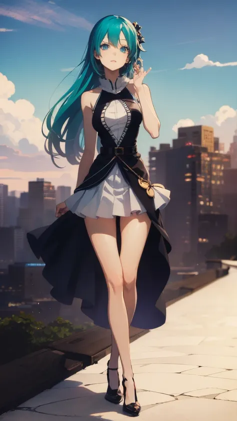 anime girl with green hair and blue eyes posing for a picture, Anime drawings inspired by Leiko Ikemura, Pixiv, Conceptual Art, Turquoise hair anime girl, female Anime characters, An anime character named Lucy, Anime female full body art, Anime characters,...