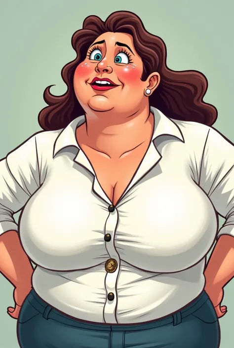 Draw me a cartoon picture，The content is a woman with full breasts，Wearing a tight buttoned white shirt，Focus on the chest，The point is that the middle button is a cartoon character，Sweating profusely, she stretched out her arms to hold the sides of her sh...