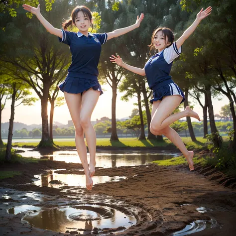 (((barefoot slender Japanese girl on mud pond))), natural front lighting, ultra sharp focus,bright brown hair, large eyes with long eyelashes and double eyelids, smile, (((jumping and waving arms))), ((huge breasts)), (full body shot:2), (beautiful face:2)...