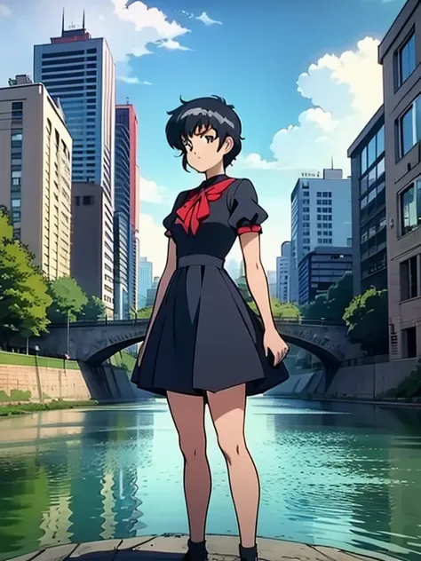 One person,前hair,black_hair,green_null,bridge,building,city,city,cityscape,cloud,Day,dress,Looking_in_Audience,Outdoor,red_Neckwear,red_ribbon,ribbon,river,short_hair,short_sleeve,null,nullscraper,一人in,Are standing,town,winer,(masterpiece,anime,newest,new,...