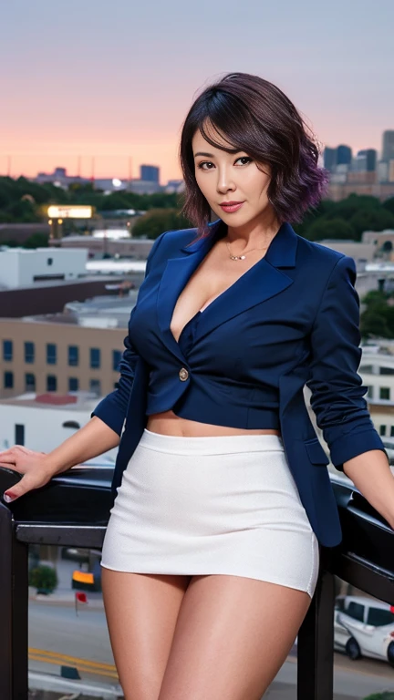 (masterpiece:1.2, Highest quality), Beautiful mature woman with a beautiful face，((45-year-old woman，ベテランflight attendant)), ((White blazer 1.4)), ((Red tight mini skirt 1.4)，((Sweaty 1.5))，((Glowing Skin 1.3))，((Purple short hair 1.8))，((Accentuate the cl...