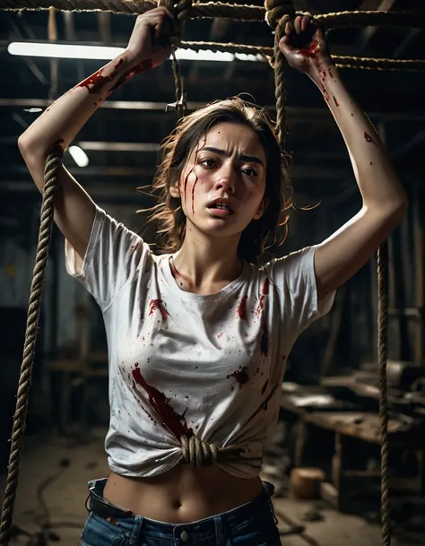 a 25-year-old girl, her two hands tied by a single rope, her hands above head, the rope is suspended from the ceiling in a dimly...