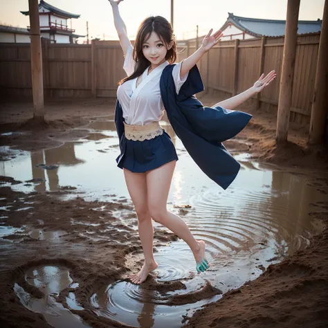 (((barefoot slender japanese girl on mud pond))), natural front lighting, ultra sharp focus,bright brown hair, large eyes with l...