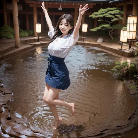 (((barefoot slender Japanese girl on mud pond))), natural front lighting, ultra sharp focus,bright brown hair, large eyes with long eyelashes and double eyelids, smile, (((jumping and waving arms))), ((huge breasts)), (full body shot:2), (beautiful face:2)...