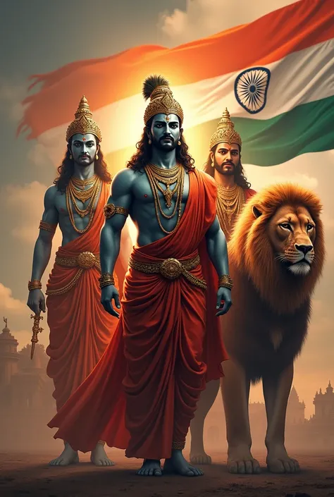 A old india image with load Ram ,load krishna ,load gautam Buddha and seting pogistion Maharana partap, Prithviraj chauhan back ground title Kshatriya Rajput  and rajputana flag and also atatched name 
Shree ram chandra side lion (background name Kshatriya...