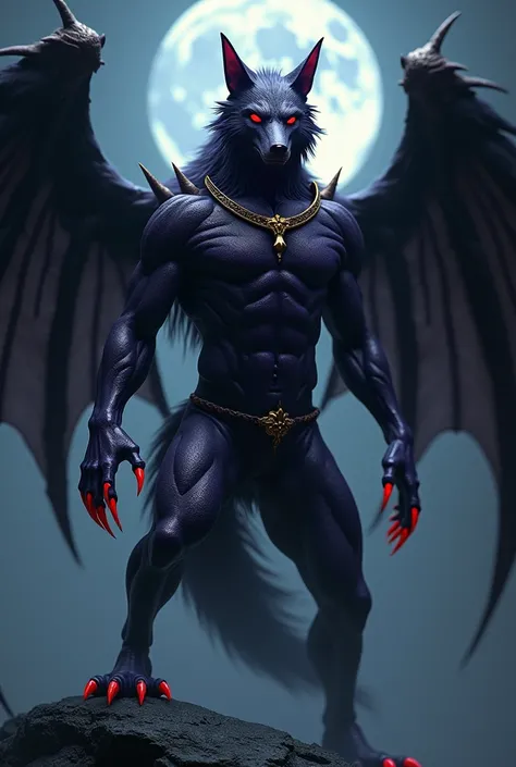 Mysterious wolf-like face，Bipedal，Covered in dark purple skin，On her chest is a crescent-shaped necklace.，Large black wings with gold tips，Has limbs with sharp red claws，Red eyes，It exudes a mysterious, otherworldly presence.，Its overall posture is intimid...