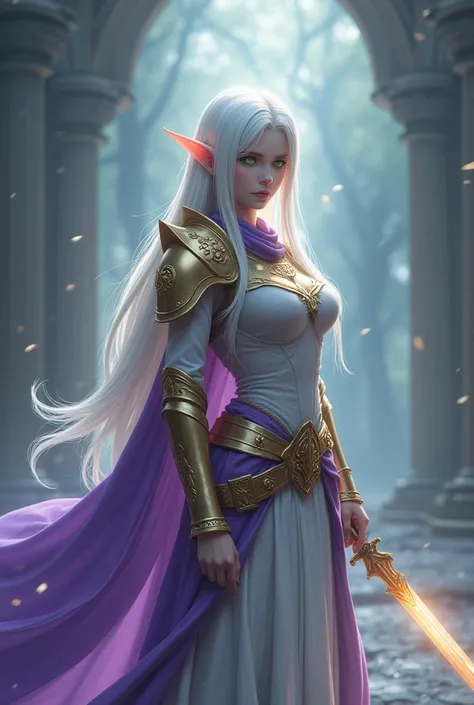 Final Fantasy game theme. Image of a 28 year old white haired elf standing holding her favorite sword.glowing green eyes, He wore light armor in gold and violet., pastel colours, and dramatic tones. A masterpiece with the highest resolution. , Surrealist i...