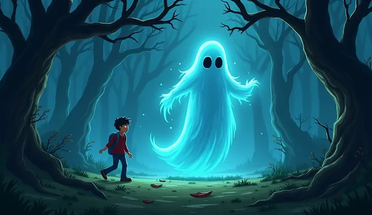 The ghost started moving towards Ramesh and Ramesh was breathing heavily in the dark forest  3d cartoon