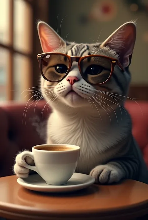 A cat wearing sunglasses is drinking coffee