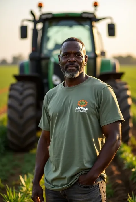 Un  noir agriculteur devant un tracteur portant un t-shirt avec mention Racines center for global development. 