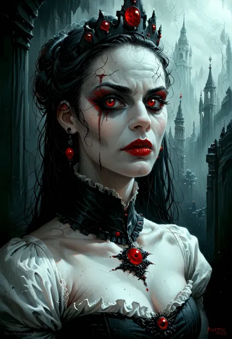 a medium quality image of "the white queen, daughter of light, dark eyes" in a grimdark style, fantasy artwork, dark and mysteri...