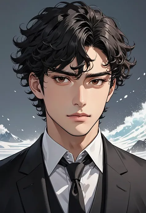 ( anime style) a young man with jet-black curly hair, jet black colour narrow eyes, bony cheeks, and a strong jawline, wearing a suit, cold and indifferent