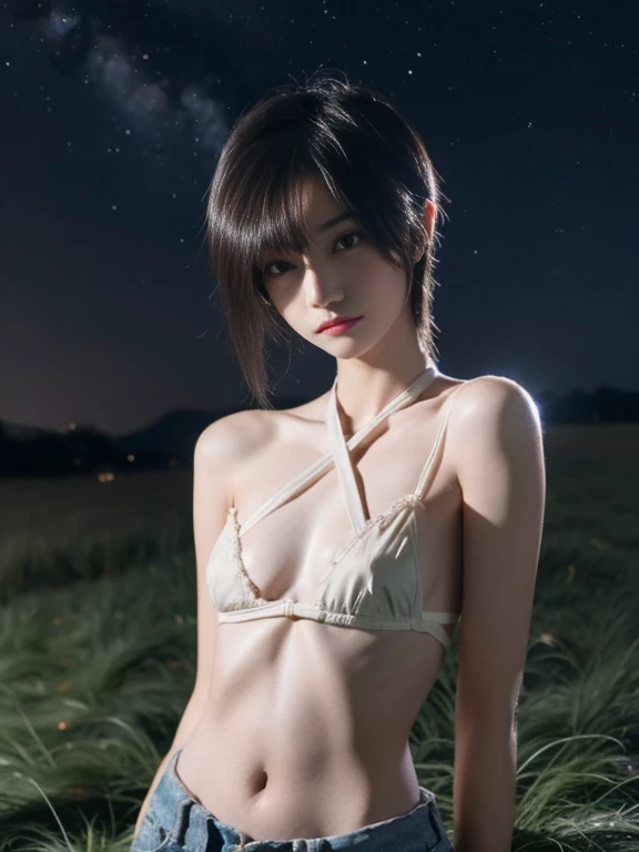 17 year old girl, with few clothes, Skinny body, small breasts, Whole body, bounded, On the grass, night sky, full of stars,