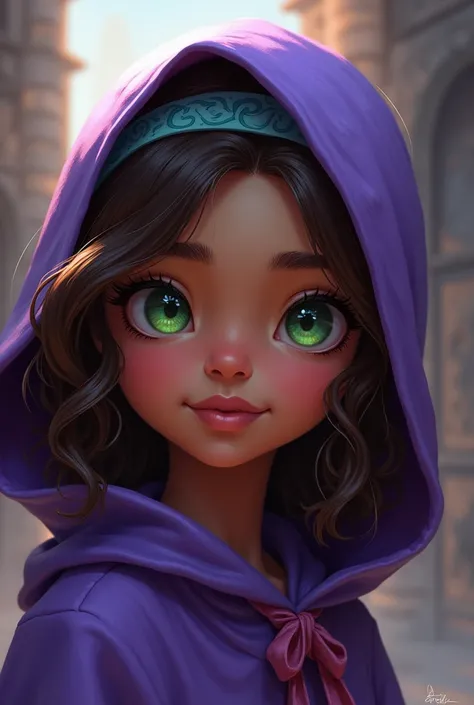 Style girl genshin impact, brown skin, green eyes, shoulder-length wavy brown hair, cute headband in her hair, purple hood uncovered from her face, medieval style 