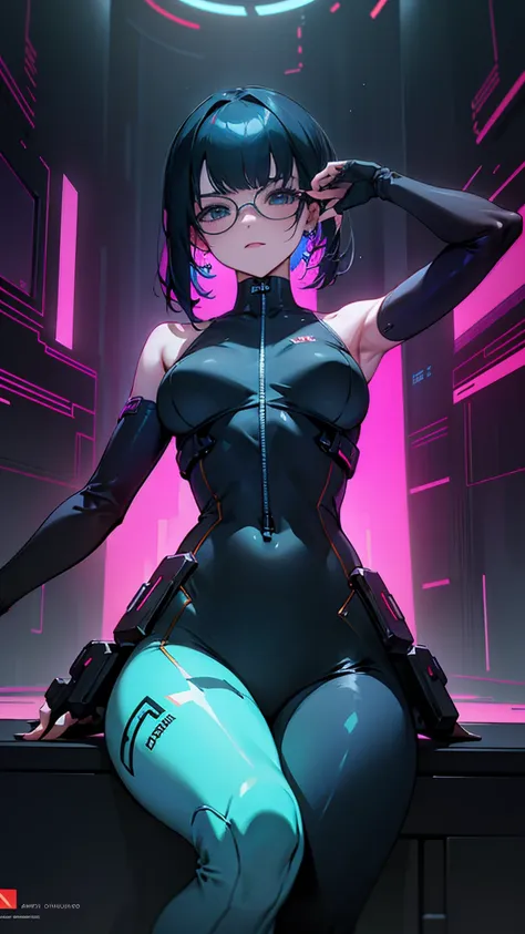 alluring cyberpunk hacker ((sexy and tech-savvy)), sleek and enigmatic, (masterpiece, futuristic detail), piercing blue eyes beh...