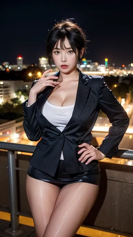 (masterpiece:1.2, Highest quality), Beautiful mature woman with a beautiful face，((45-year-old woman，ベテランflight attendant)), ((White blazer 1.4)), ((Red tight mini skirt 1.4)，((Sweaty 1.5))，((Glowing Skin 1.3))，((Purple short hair 1.8))，((Accentuate the cl...