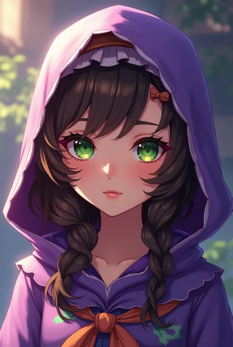 Style girl genshin impact, tanned skin , green eyes, shoulder-length wavy brown hair, cute headband in her hair, purple hood uncovered from her face, medieval style 