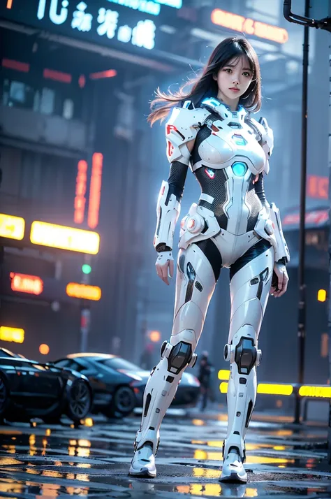 A girl，Wearing a white mech，Floating above the city，Background is the ruins of the city，Cyberpunk style，Ultra wide-angle lens