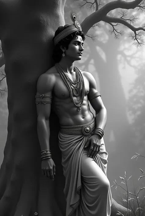 Lord Krishna real image leaning on a tree in black and white