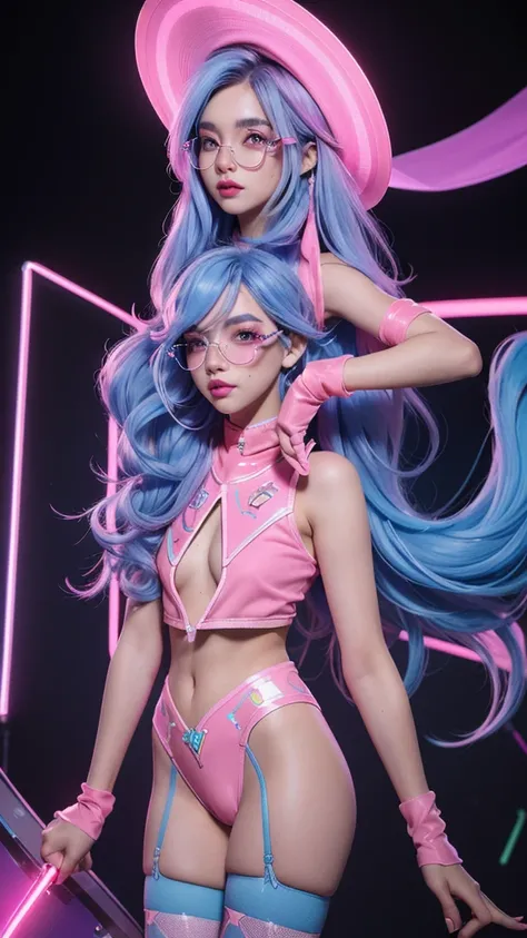 Masterpiece, exquisite, 8k, 1 girl, luminous skin, exquisite long hair, silver | pink | blue hair, exquisite makeup, lipstick, eye shadow, eyeliner, Laser vest, pink Cowboy hat, (Phosphor stockings:1.2), Cyberpunk, neon light, blue purple light, shining, (...