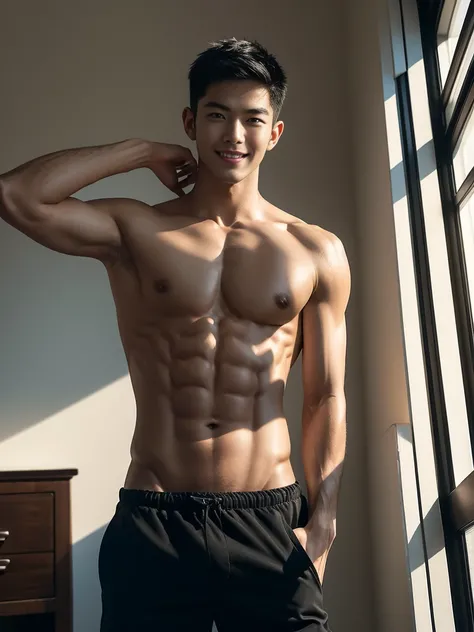 ((masterpiece)), ((best quality)), ((high resolution)), ((Detailed background)), ((extremely detailed)), 1 person,solo, Young men,Asian,male model,black hair,short hair,Smile,Sexy breasts,thin waist,6 pack abs,black shorts,Detailed physical description, in...