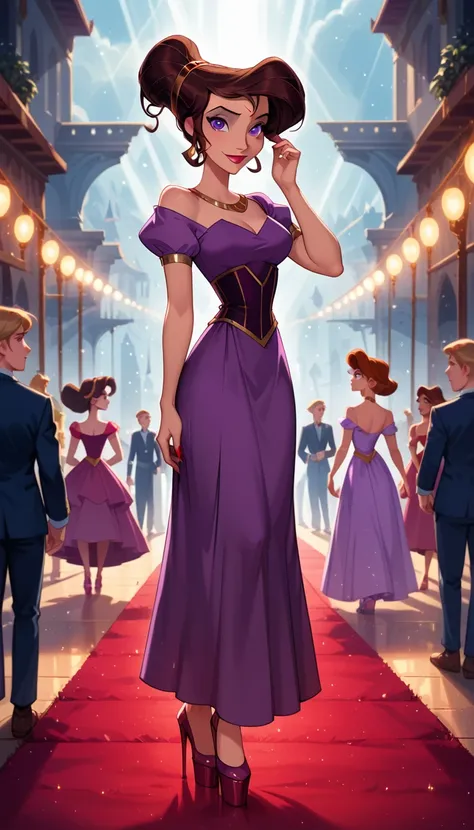 score_9, score_8_up, score_7_up, score_6_up, cinematic film still, 1girl, (Disneys Megara, m_ra, brown hair, purple eyes, ponyail:1.3), (majestic metallic purple dress:1.3), platform heels, award show, red carpet, large crowd, paparazzi, flash photography,...