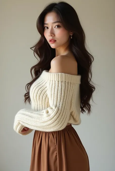 beautifull woman with sweater , long skirt, wavy long hair , brown hair , korean look , 3o years old , cubby , sexy