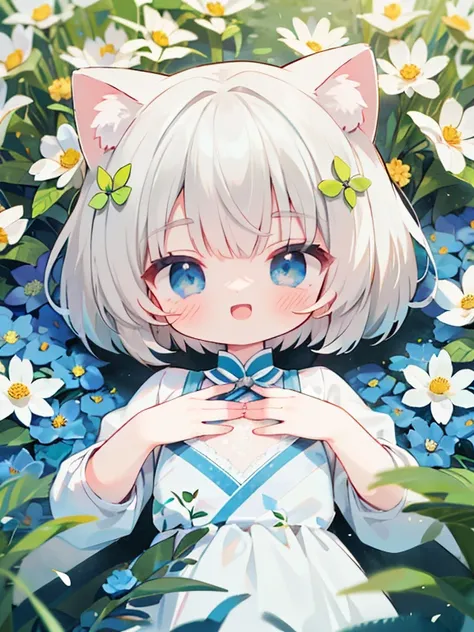 Flower Field, Surrounded by flowers, (One person), cute, Cat ear, (Gray Hair), Bobcut, Blue Eyes, (be happy:1.3), (Open your mouth:1.3), Put your hands on your chest, Cowboy Shot, ((Highest quality)), ((masterpiece)), (detailed), Perfect Face, Perfect Arms...